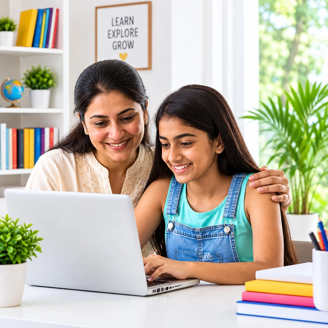 A mother and daughter exploring together on a laptop